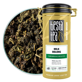 Tiesta Tea Milk Oolong tea tin on counter preserves freshness for up to 50 cups.