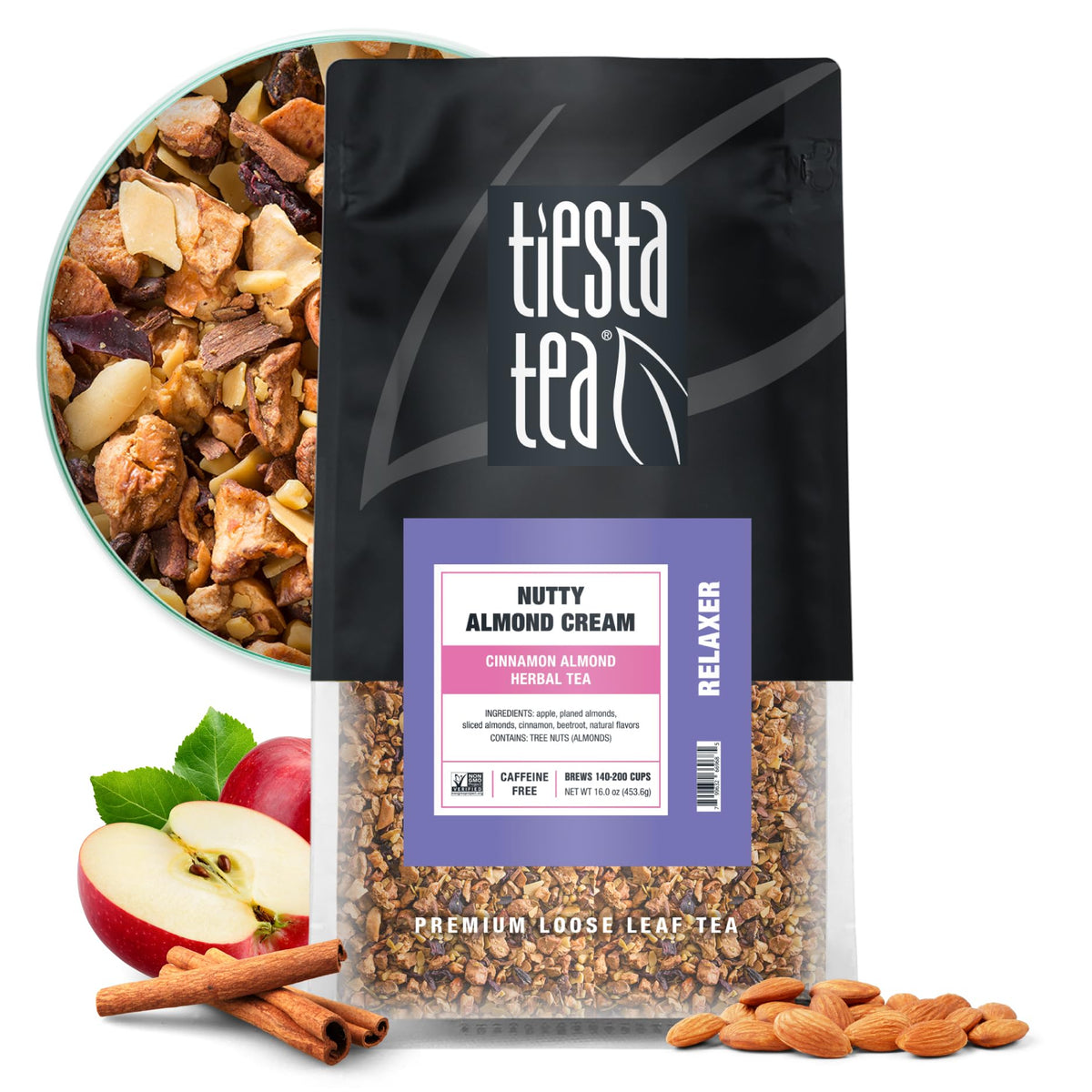 Tiesta Tea Nutty Almond Cream bulk pouch front view for freshness