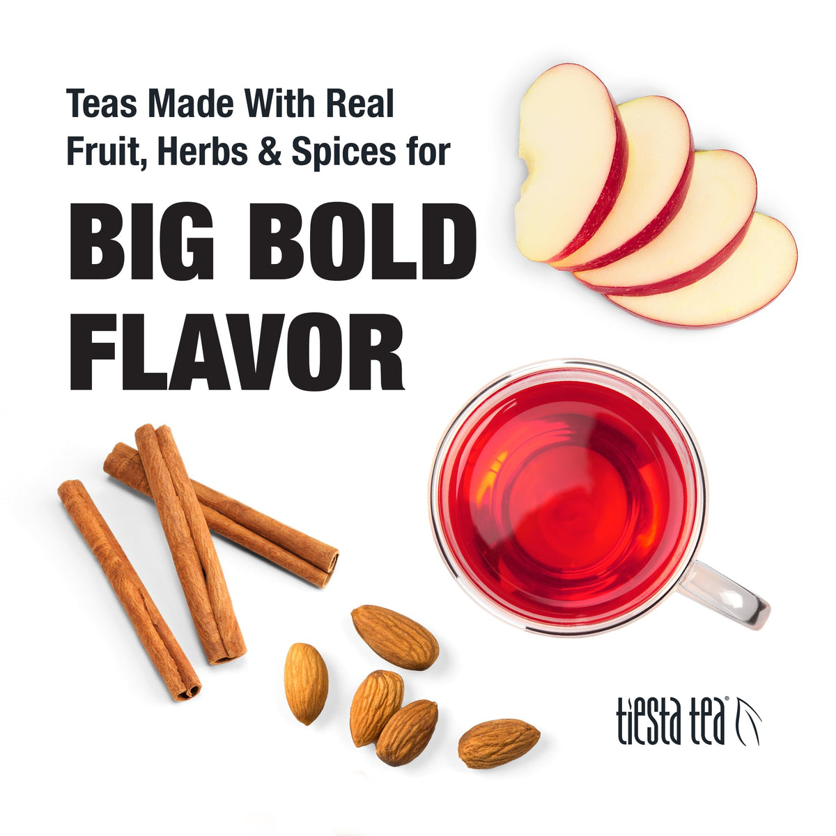 Tiesta Tea Nutty Almond Cream hot brew in cup releasing cozy spices