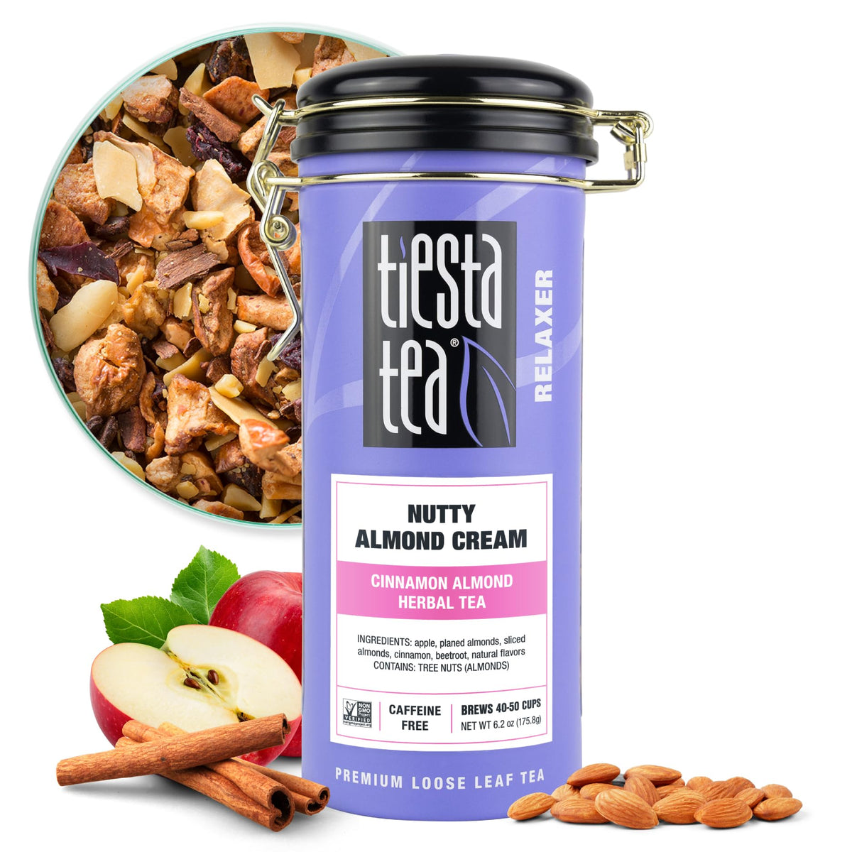 Tiesta Tea Nutty Almond Cream tin preserves freshness for brewing.