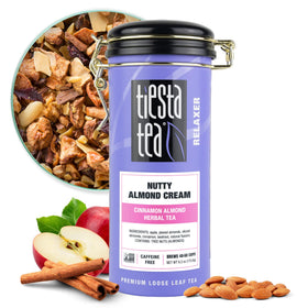 Tiesta Tea Nutty Almond Cream tin preserves freshness for brewing.