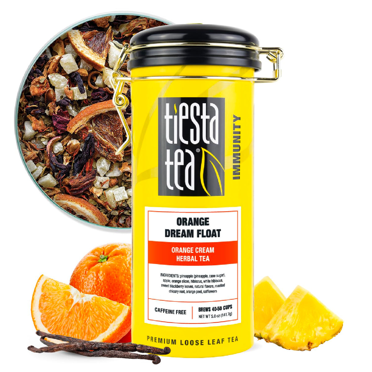 Tiesta Tea Orange Dream Float tin front for convenient, reusable packaging.