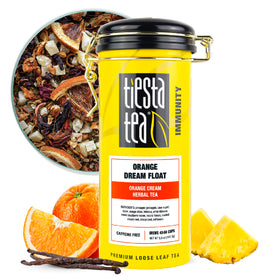 Tiesta Tea Orange Dream Float tin front for convenient, reusable packaging.