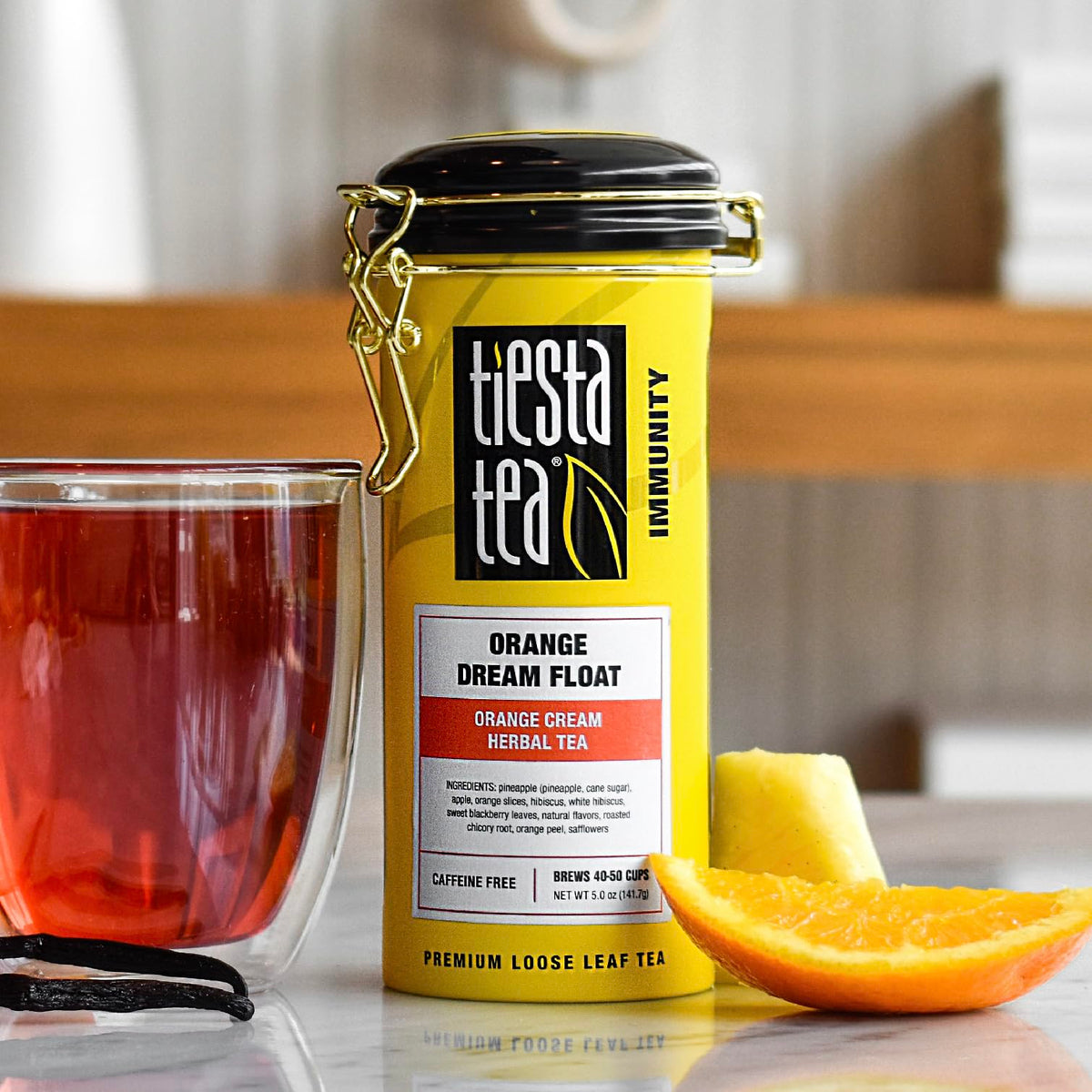 Tiesta Tea Orange Dream Float tin lid showing resealable design for freshness.