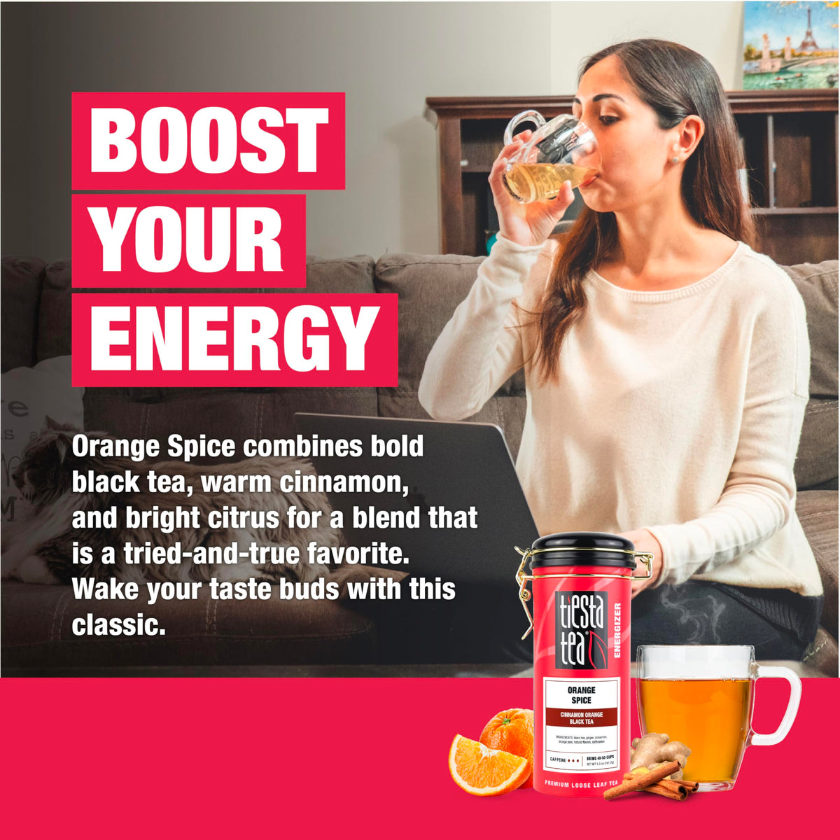 Tiesta Tea Orange Spice beverage poured over ice for refreshing cold treat