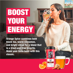 Tiesta Tea Orange Spice beverage poured over ice for refreshing cold treat