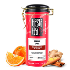 Tiesta Tea Orange Spice tin displayed for fresh aroma and portability