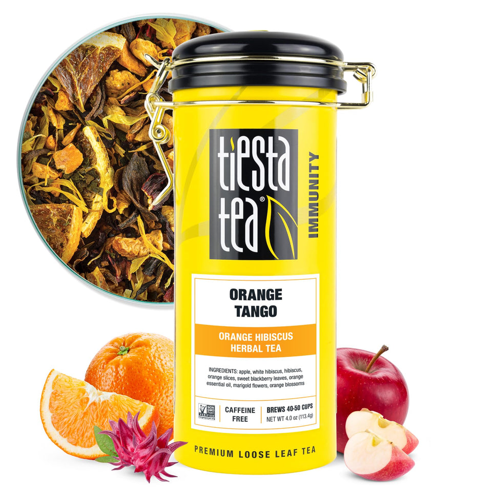 Tiesta Tea Orange Tango loose leaf tin front, ready for hot or iced brews.