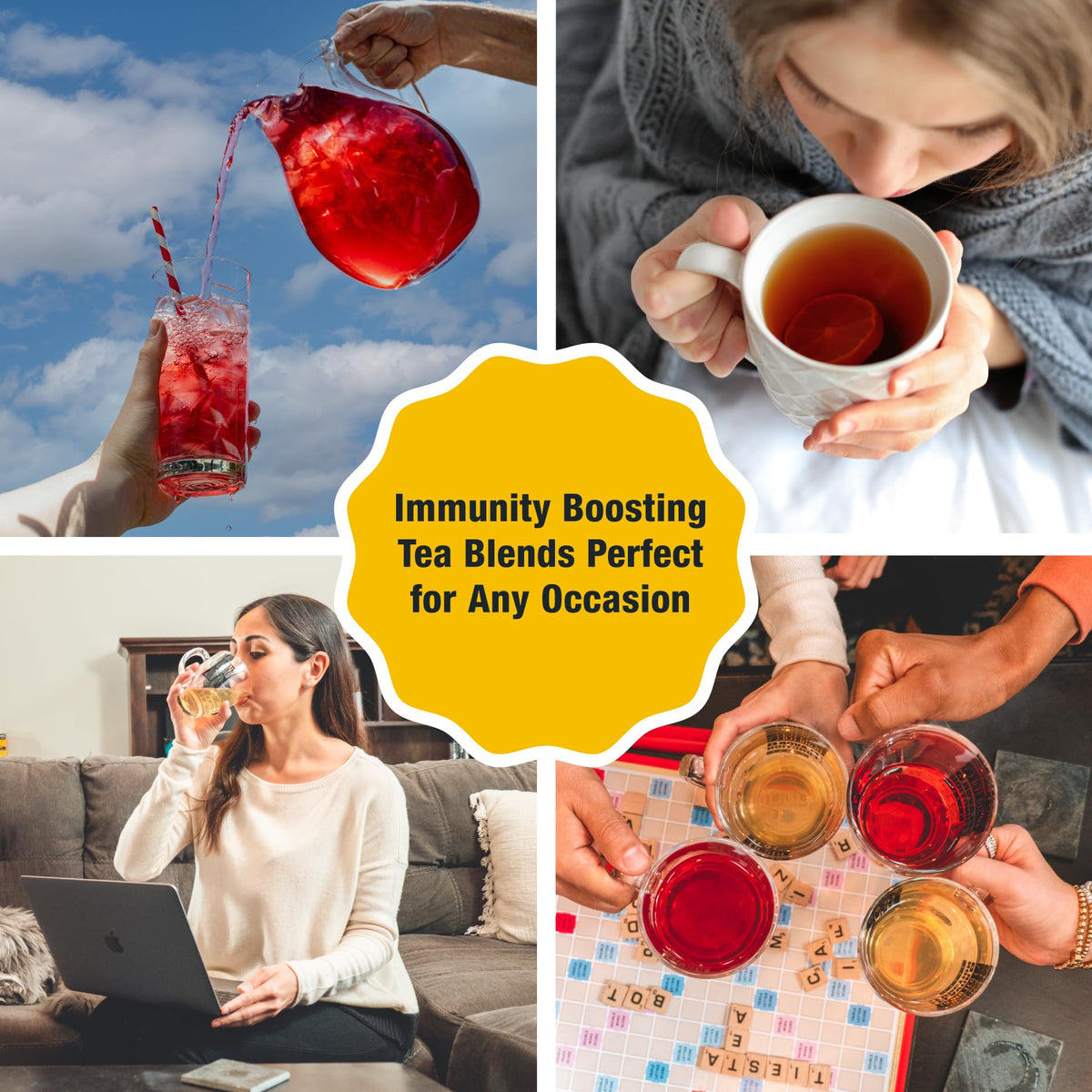 Tiesta Tea Orange Tango orange hibiscus visual highlights a tangy, fruity finish.