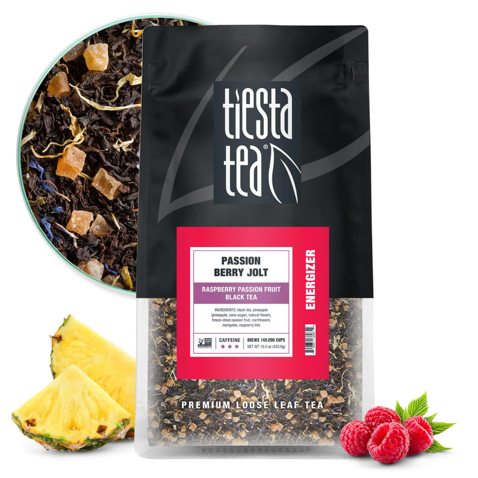 Tiesta Tea Passion Berry Jolt bulk pouch preserves freshness for up to 200 cups.