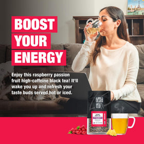 Tiesta Tea Passion Berry Jolt hot brew cup with fruity, energizing aroma.