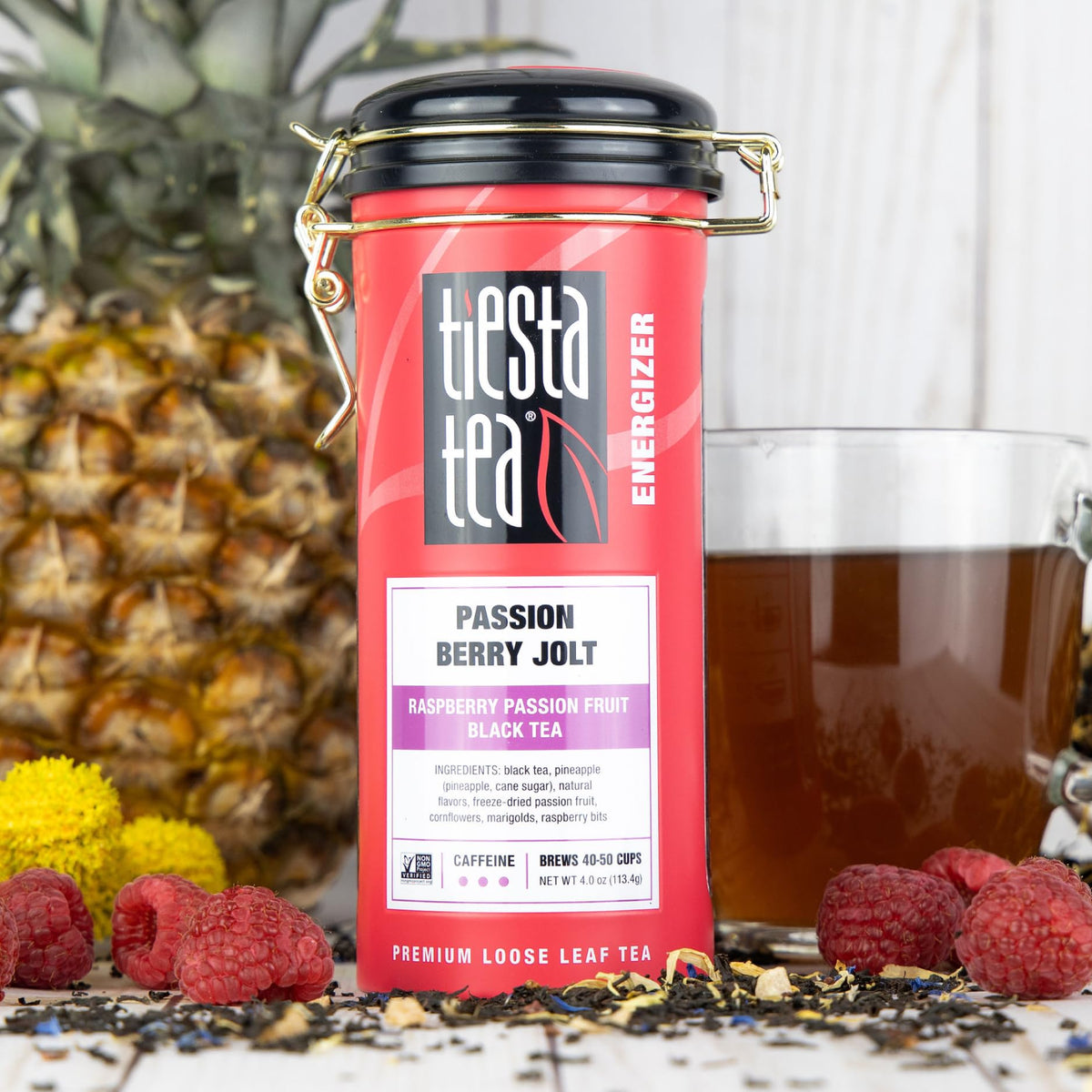 Tiesta Tea Passion Berry Jolt loose-leaf tea closeup highlighting premium blend.