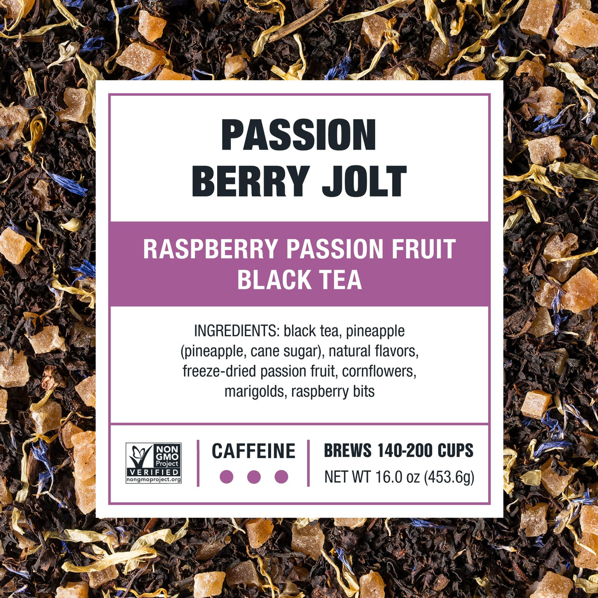 Tiesta Tea Passion Berry Jolt loose leaf tea ready for hot or iced brews.