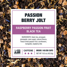 Tiesta Tea Passion Berry Jolt loose leaf tea ready for hot or iced brews.