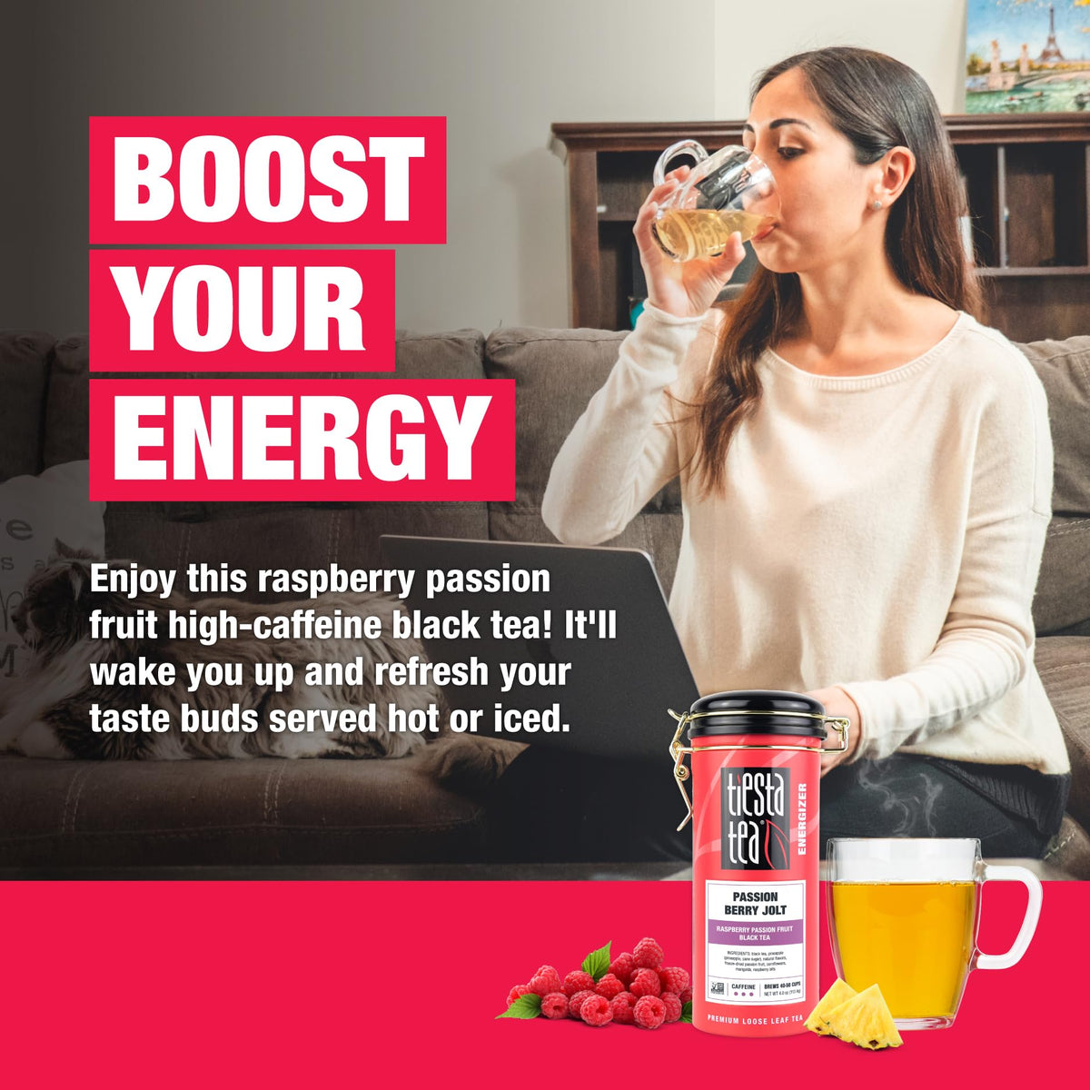 Tiesta Tea Passion Berry Jolt tea brew setup for hot or iced preparation.