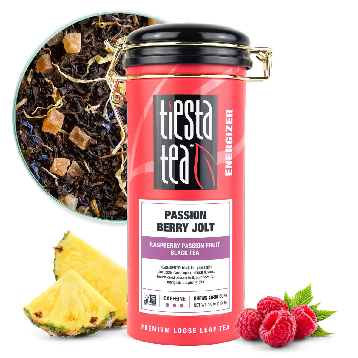 Tiesta Tea Passion Berry Jolt tin front, airtight storage preserves freshness.