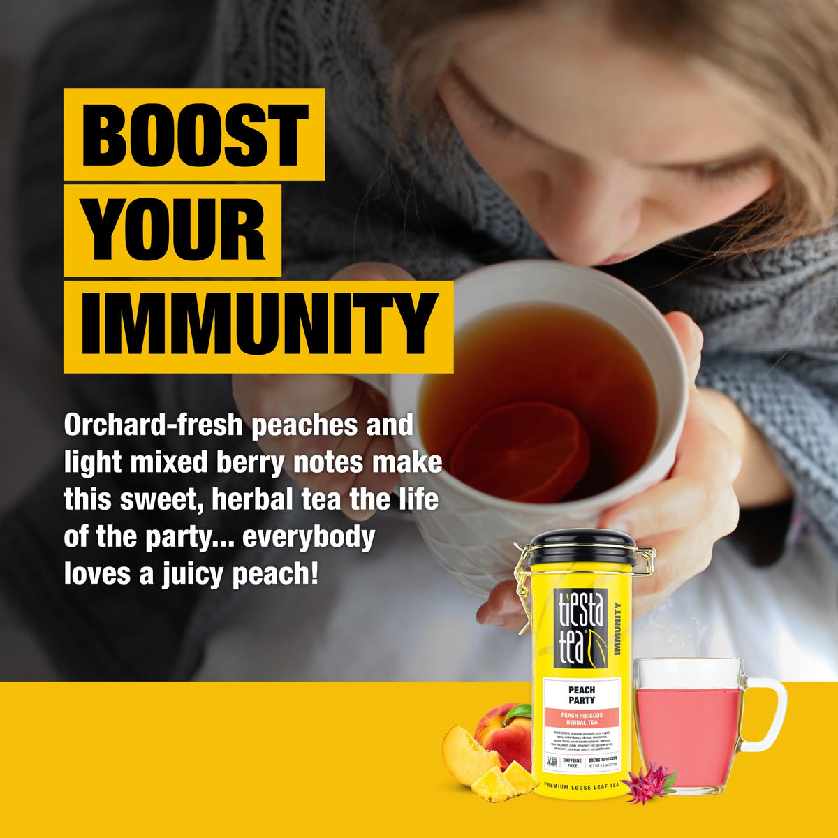 Tiesta Tea Peach Party brewed cup showcasing peach hibiscus flavors.