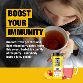 Tiesta Tea Peach Party brewed cup showcasing peach hibiscus flavors.