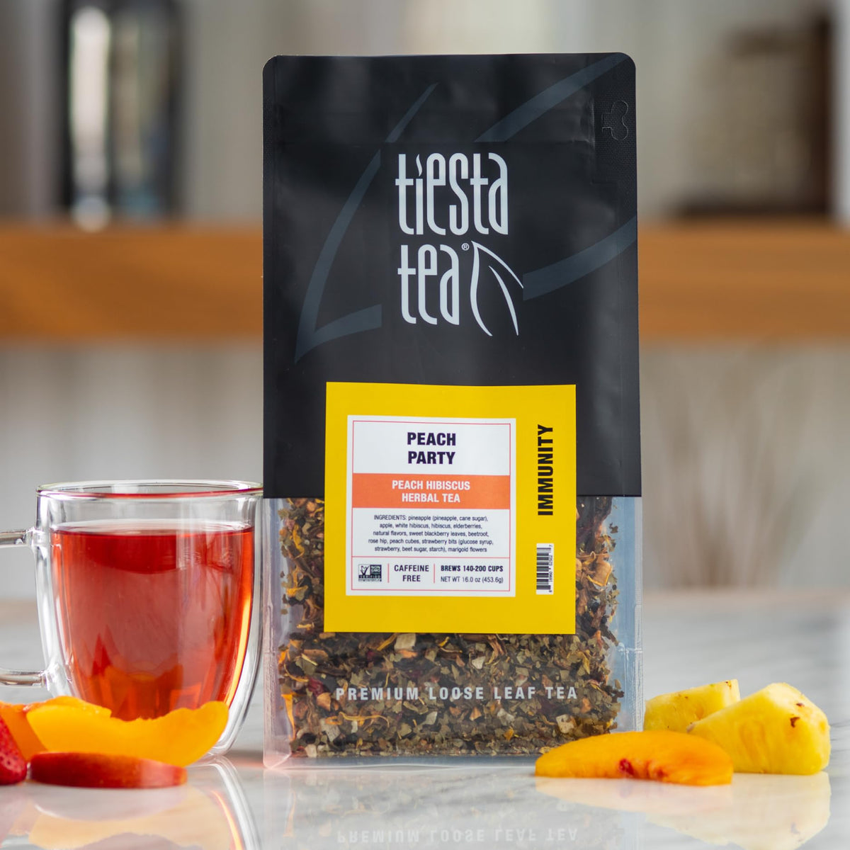 Tiesta Tea Peach Party dried peaches capturing a bright fruity aroma.