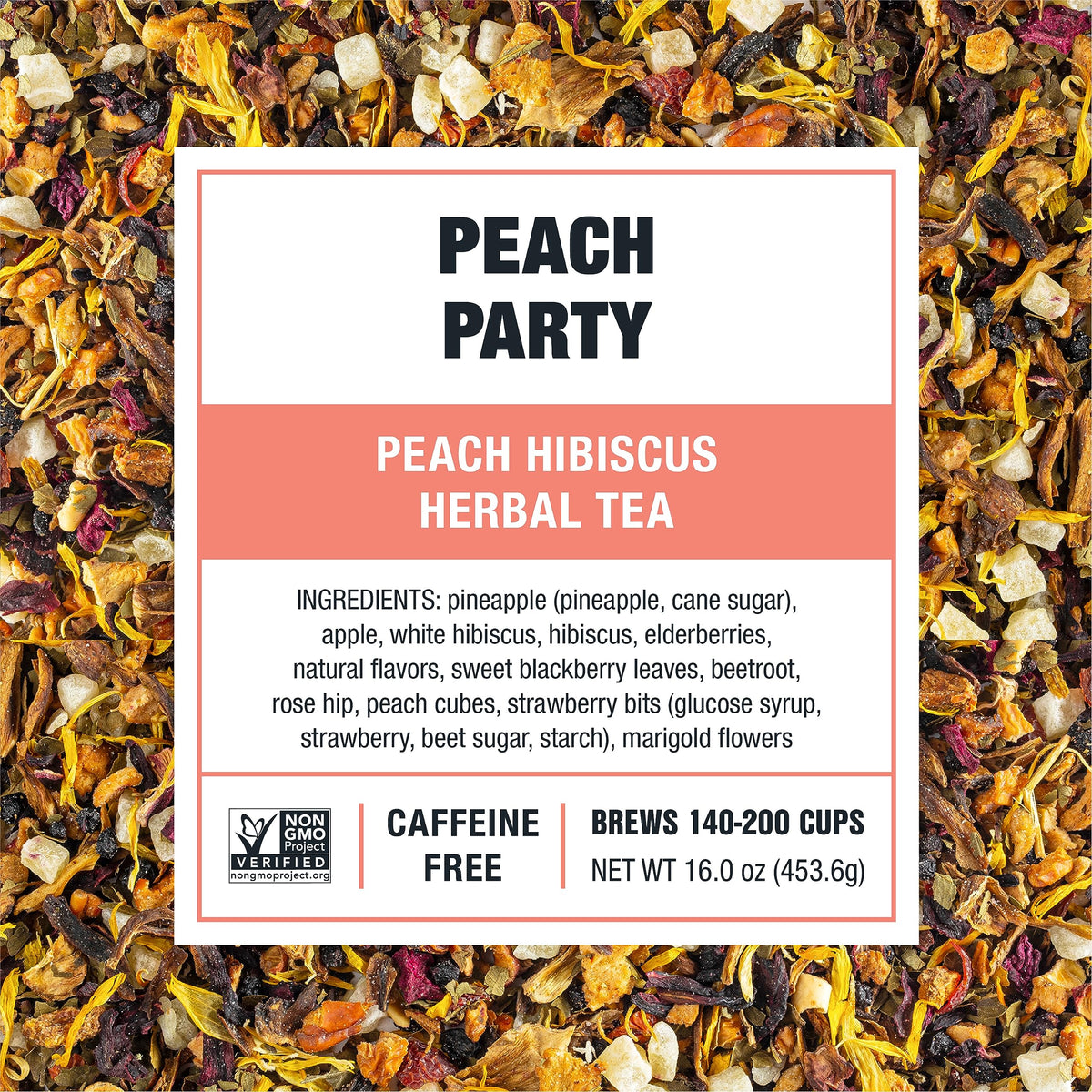 Tiesta Tea Peach Party hibiscus blend blooming in a cup for vibrant flavor.