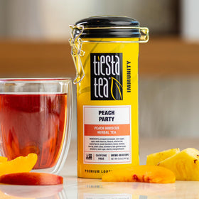Tiesta Tea Peach Party loose leaf close-up highlighting natural ingredients.