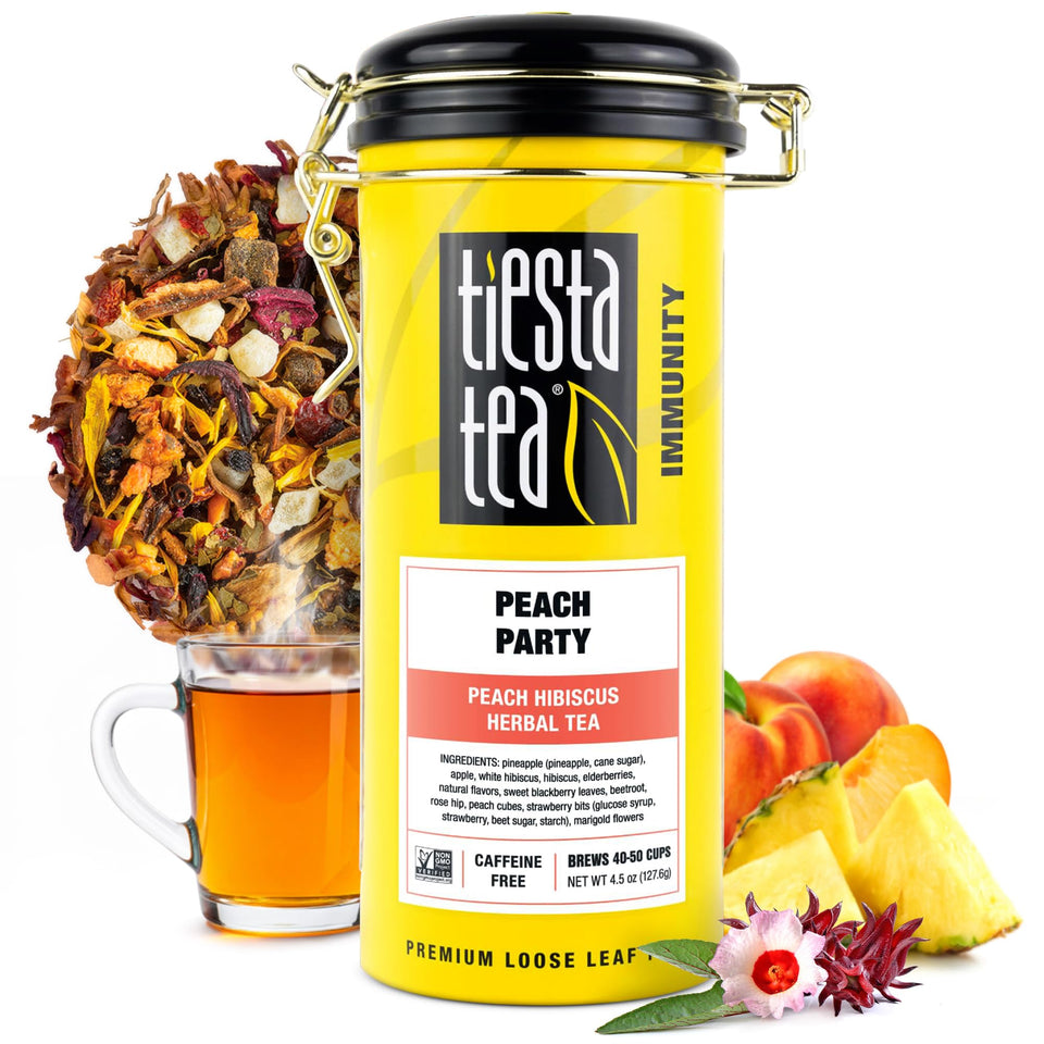 Tiesta Tea Peach Party tin showing refillable packaging for premium loose leaf tea.