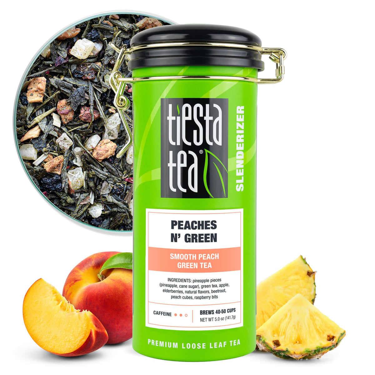 Tiesta Tea Peaches N' Green cup showing refreshing aroma for hot or iced servings.