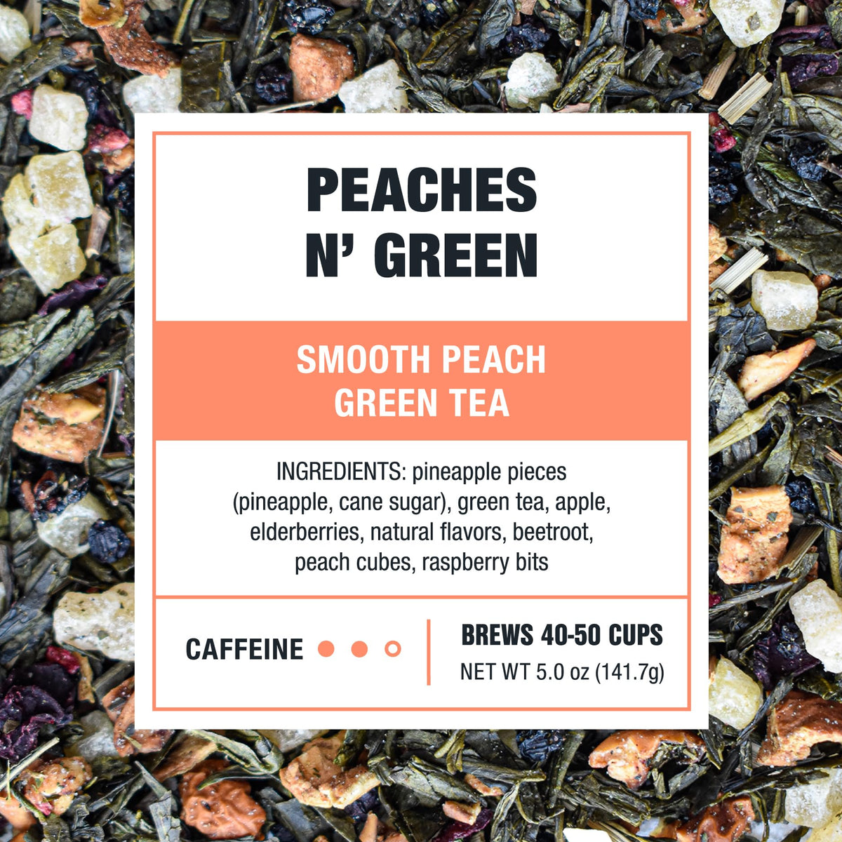 Tiesta Tea Peaches N' Green ingredients—green tea, pineapple, and lemongrass.