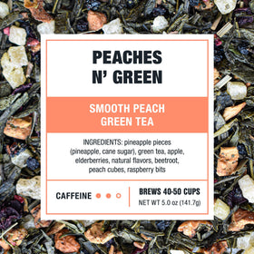 Tiesta Tea Peaches N' Green ingredients—green tea, pineapple, and lemongrass.