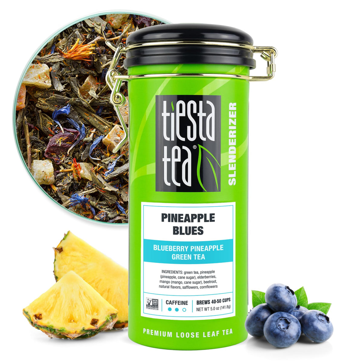 Tiesta Tea Pineapple Blues tin showing premium loose leaf tea ready to brew