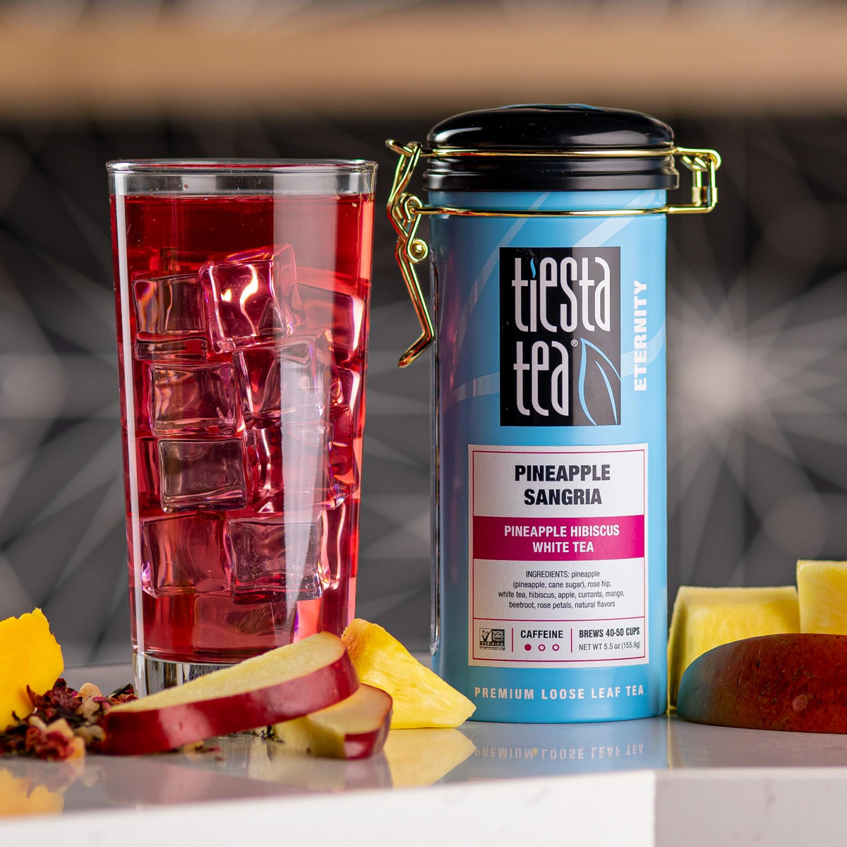Tiesta Tea Pineapple Sangria loose-leaf close-up reveals vibrant leaves and natural ingredients