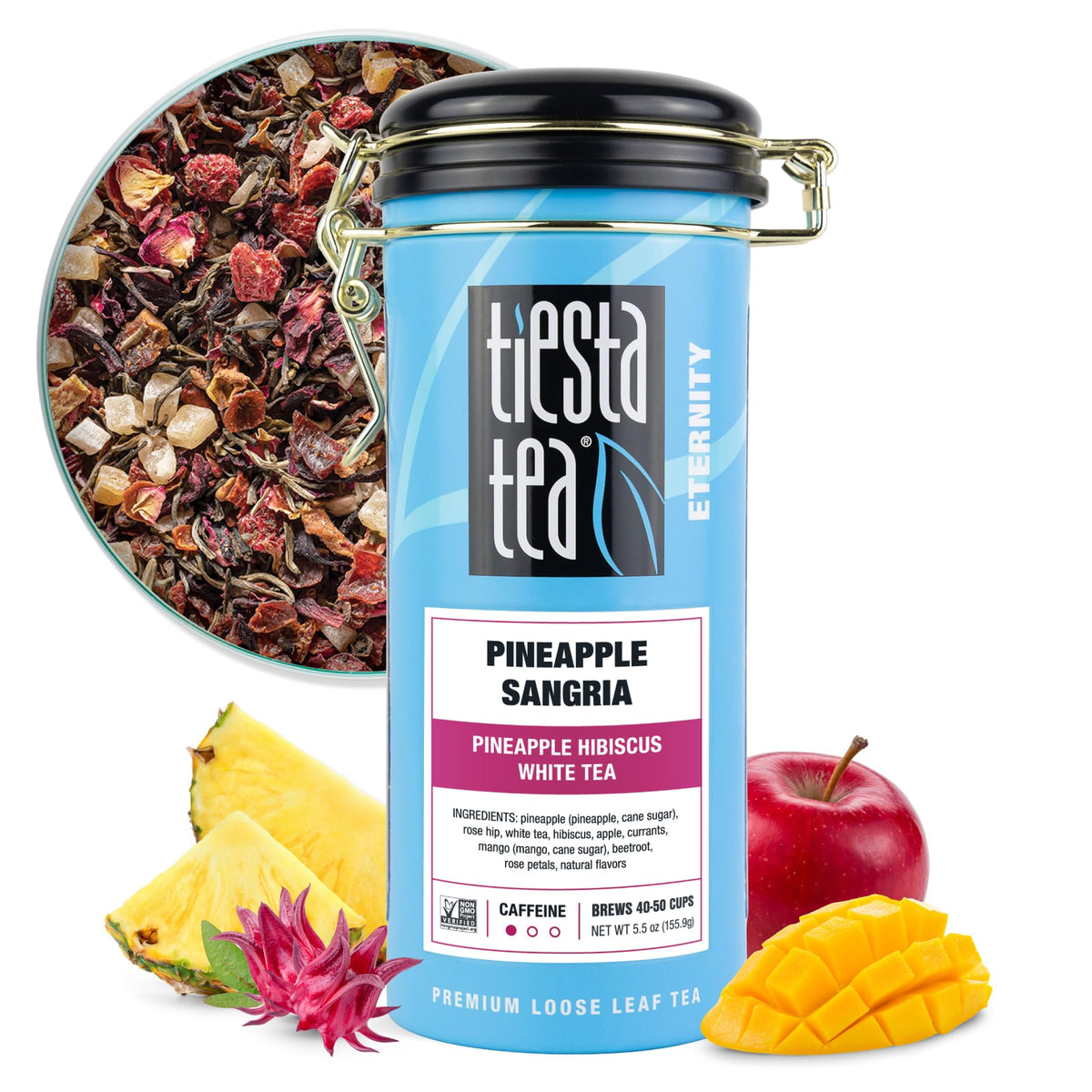Tiesta Tea Pineapple Sangria in a decorative tin, tropical aroma and refreshing flavor