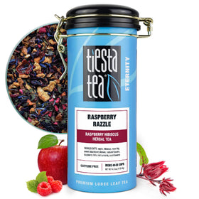 Tiesta Tea Raspberry Razzle brew in a cup, bold raspberry hibiscus flavor.