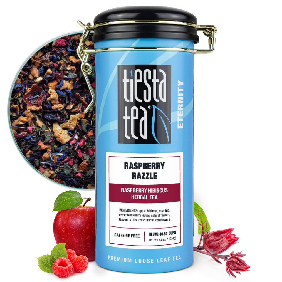 Tiesta Tea Raspberry Razzle brew in a cup, bold raspberry hibiscus flavor.