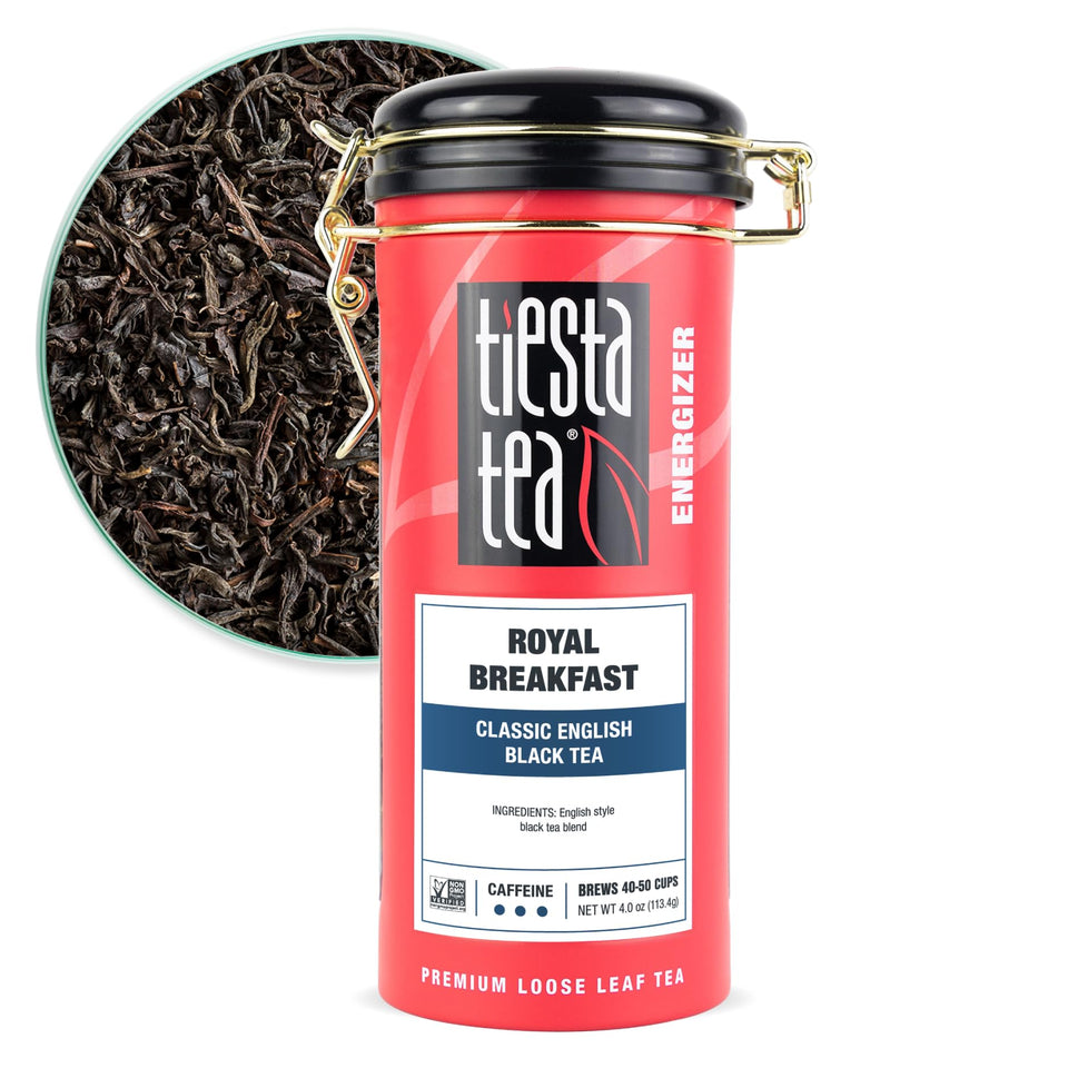 Tiesta Tea Royal Breakfast tin packaging preserves freshness for 40-50 cups