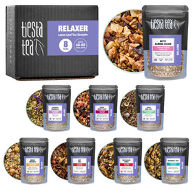 Tiesta Tea sampler pouches closeup show resealable packaging for lasting freshness.