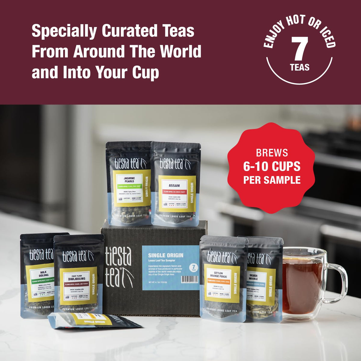 Tiesta Tea seven-pouch collection close-up highlighting convenient resealable pouches for freshness.