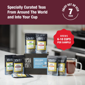 Tiesta Tea seven-pouch collection close-up highlighting convenient resealable pouches for freshness.