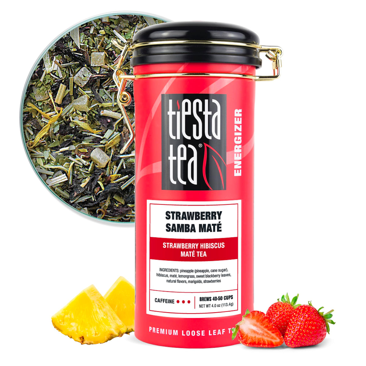 Tiesta Tea Strawberry Hibiscus Mate loose leaf, ideal for a refreshing afternoon pick-me-up.