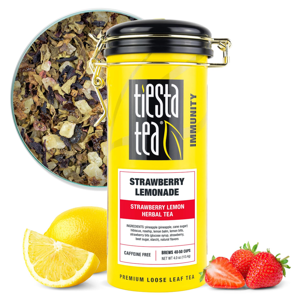 Tiesta Tea Strawberry Lemonade tin front view showing airtight storage for freshness.