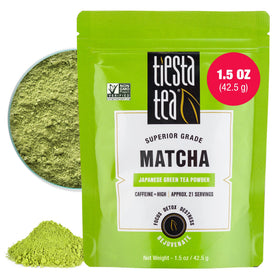 Tiesta Tea Superior Matcha powder in a jar, fresh and vibrant, perfect for smoothies and lattes.