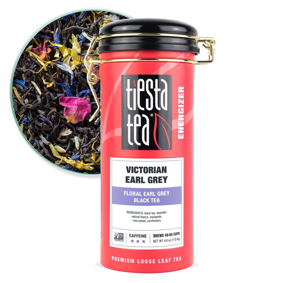 Tiesta Tea Victorian Earl Grey brew in a mug with bergamot aroma.