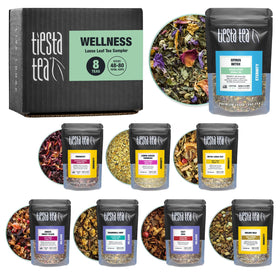 Tiesta Tea Wellness Sampler box showing eight pouch varieties for hot or iced brews.