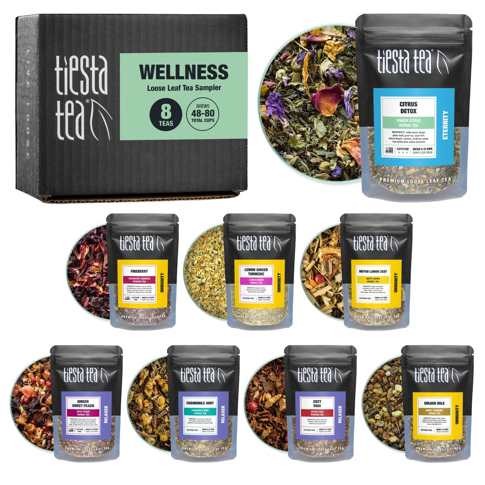 Tiesta Tea Wellness Sampler box showing eight pouch varieties for hot or iced brews.