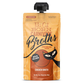 Tiki Cat Born Carnivore Broths chicken spout pouch closeup for flavor and hydration