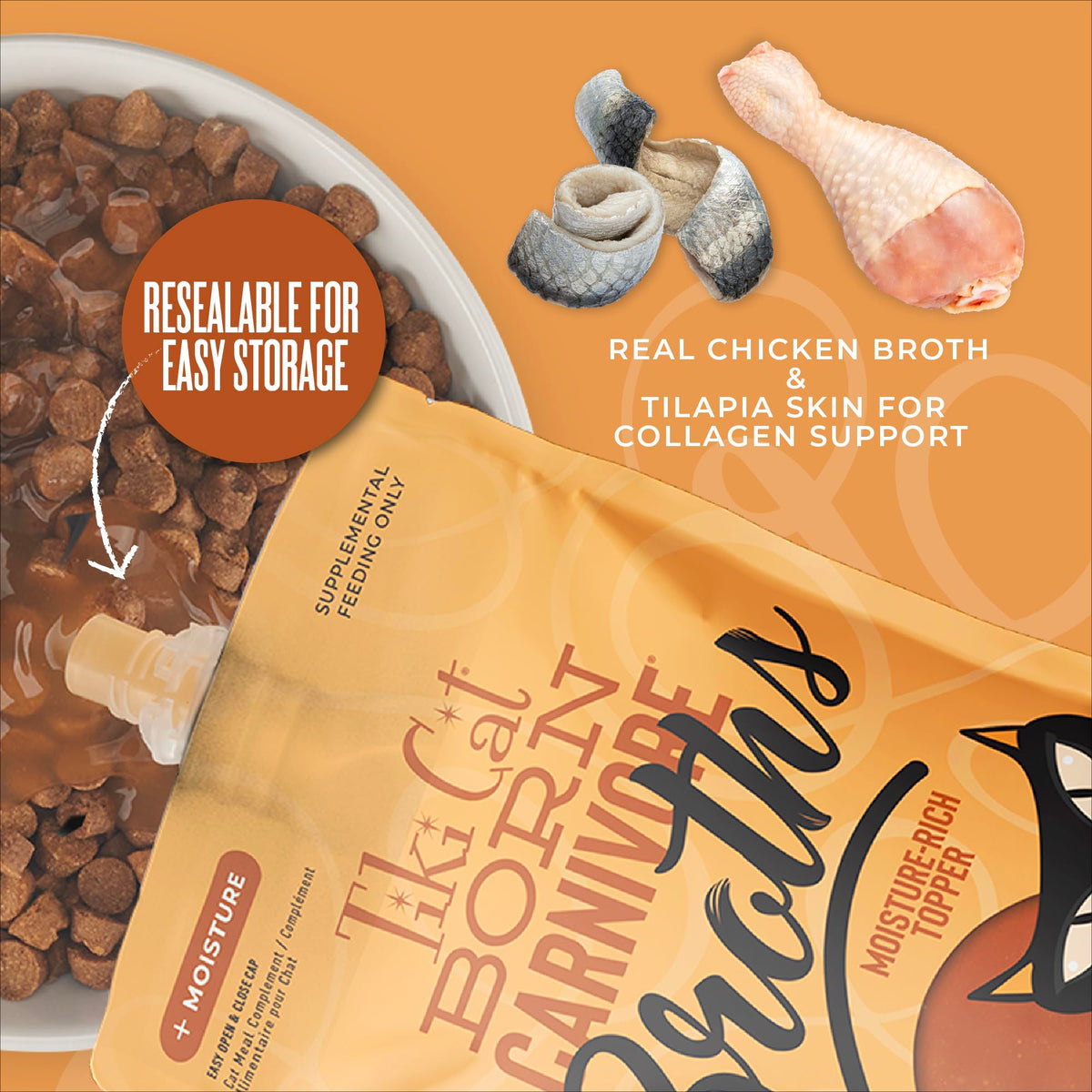 Tiki Cat Born Carnivore Broths spout pouch pour demonstrates easy topping