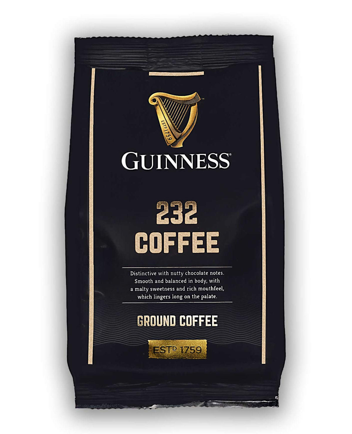 Tiki Tonga Guinness 232 Brew ground bag front, rich aroma for mornings.