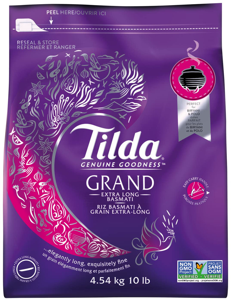 Tilda Grand Basmati rice 10lb pack with extra-long grains, ideal for fluffy, aromatic pilafs.