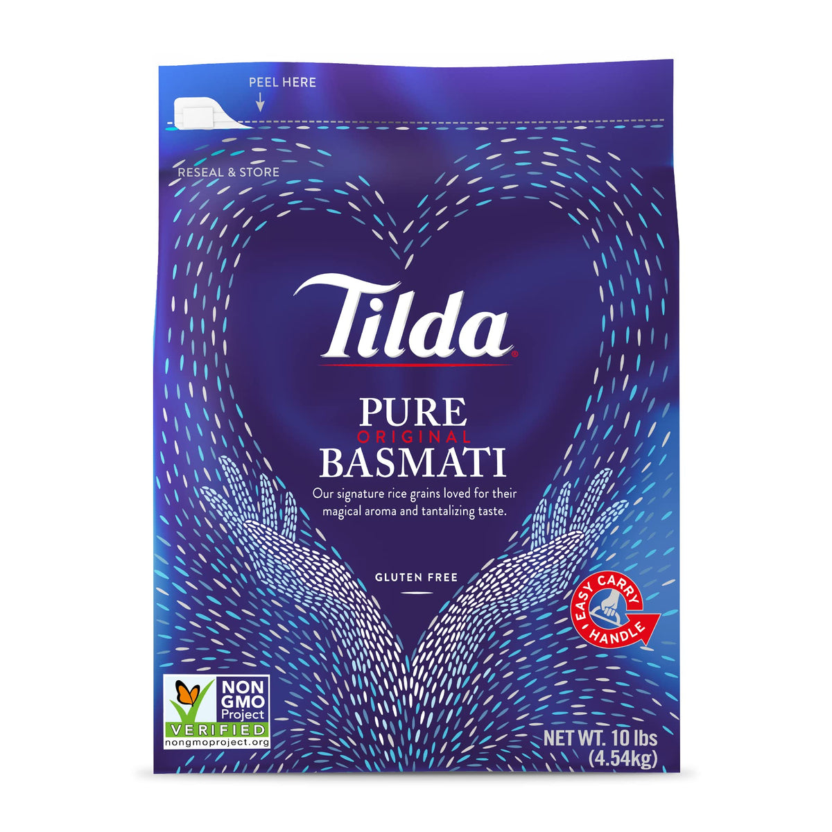 Tilda Pure Basmati rice grains in a bag with fragrant aroma and fluffy texture.