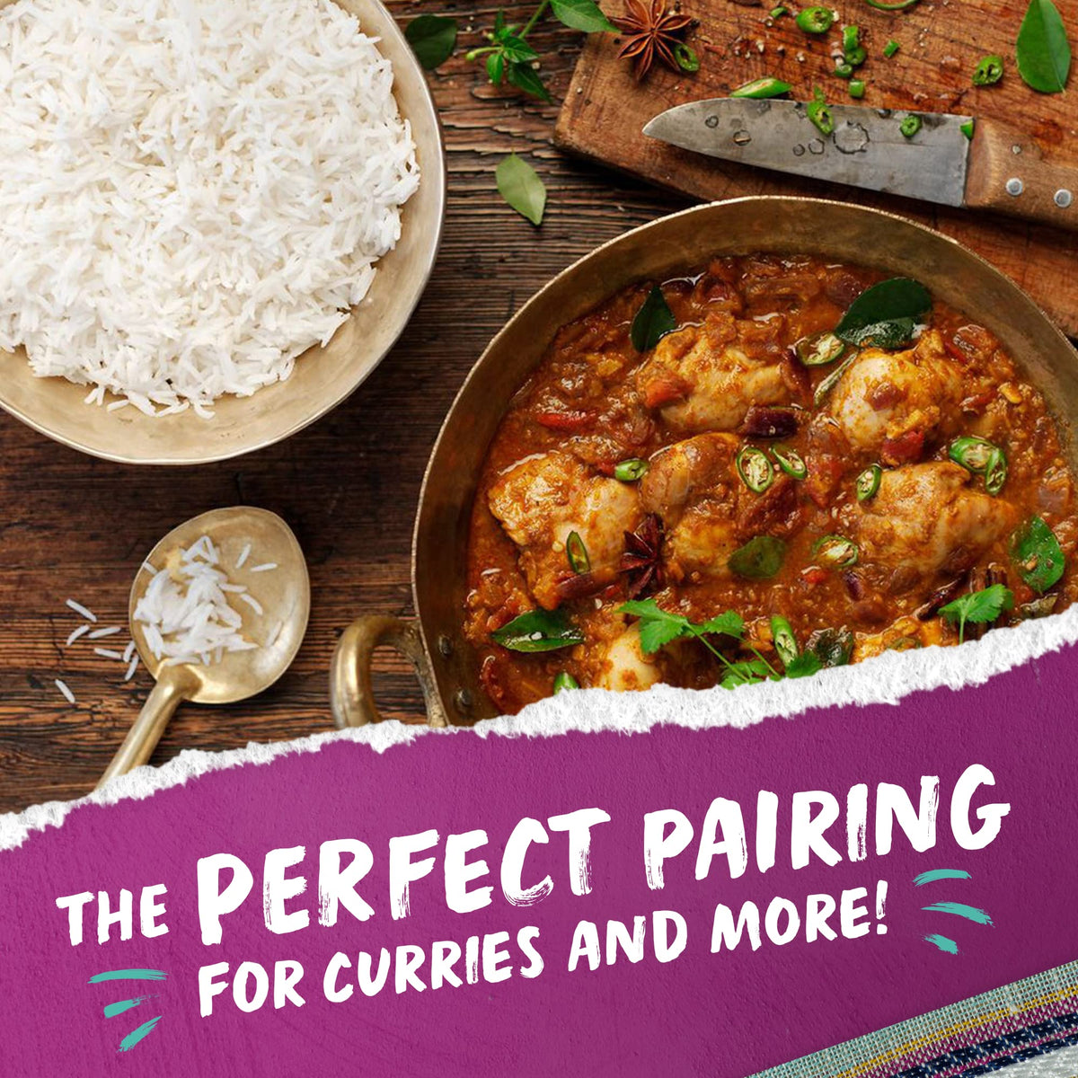 Cooked Tilda Pure Basmati rice serving with curry for a balanced meal.